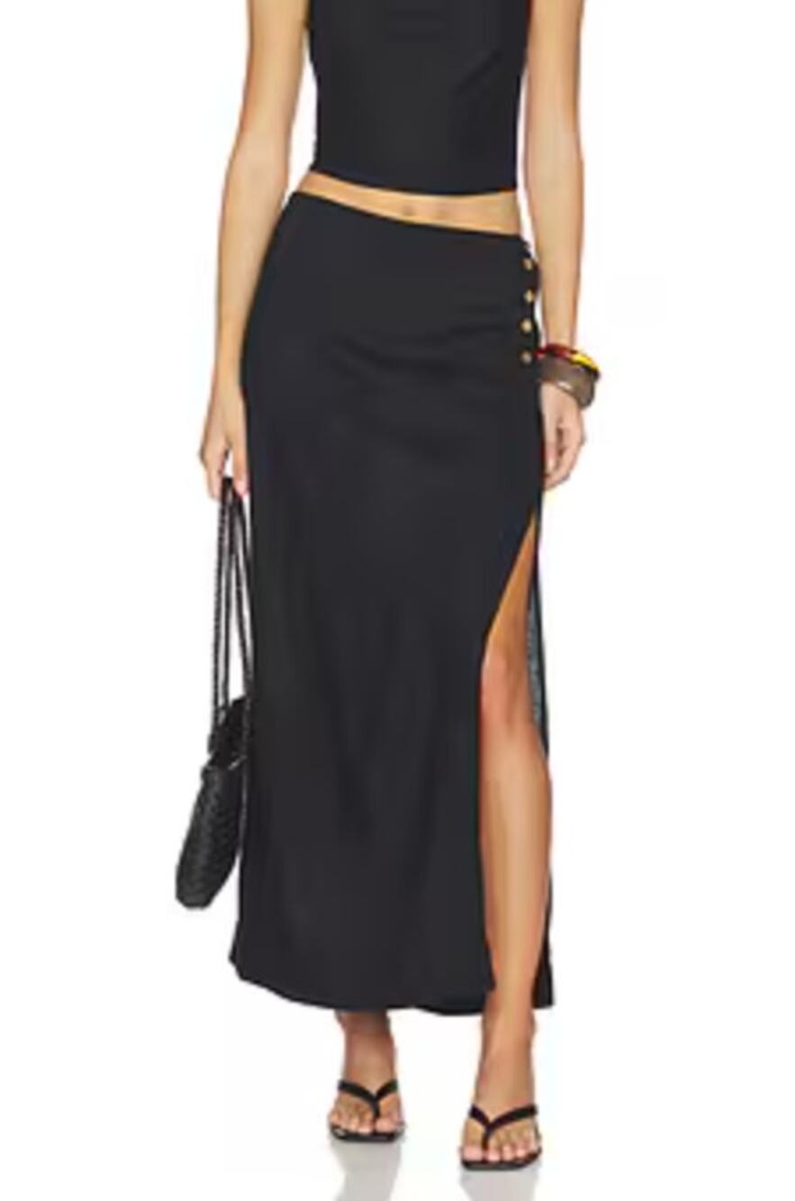 Free People Cotton High Slit Side Buttons Maxi Skirt Black Large
